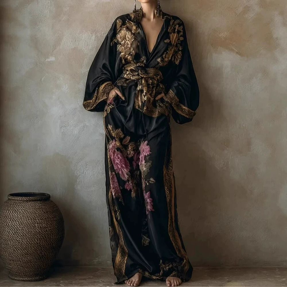 Zara Spring Summer Retro Floral Deep V Tie Front Top Wide Leg Pants 2 Piece Set